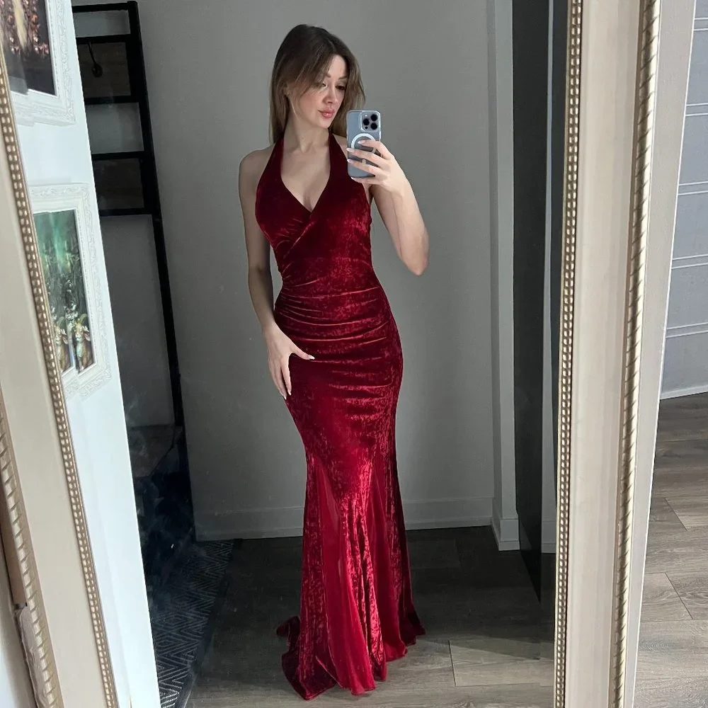 apple red formal dresses PLEATED CRUSHED VELVET | 26685 main image 1